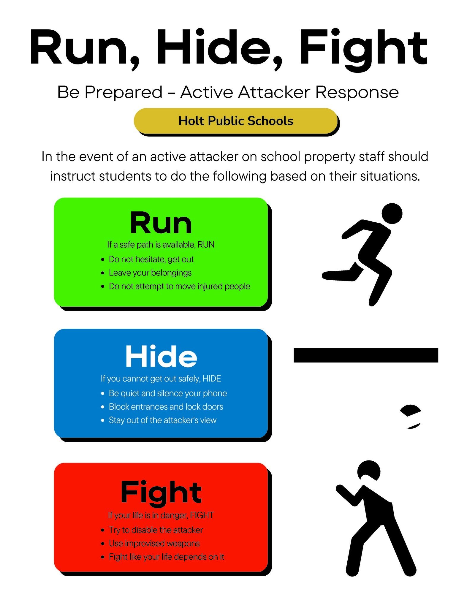 Run, Hide, Fight instructions. Click on PDF below for accessibility.