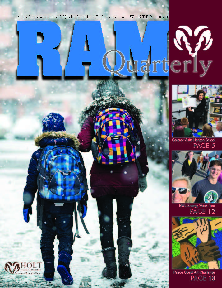 Cover image of Winter 2020 RAM Quarterly. Two students wearing backpacks and winter coats and hats, walking away, with snow fall. 